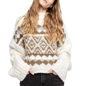 Free People Soft White and Brown Alpine Patterned Sweater